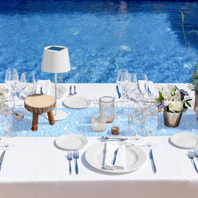 Remagr 12x72 table runner creates a focal point on long banquet tables