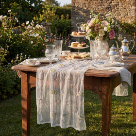 Remagr long floral runner, 9.84 ft, drapes banquet tables with romantic charm