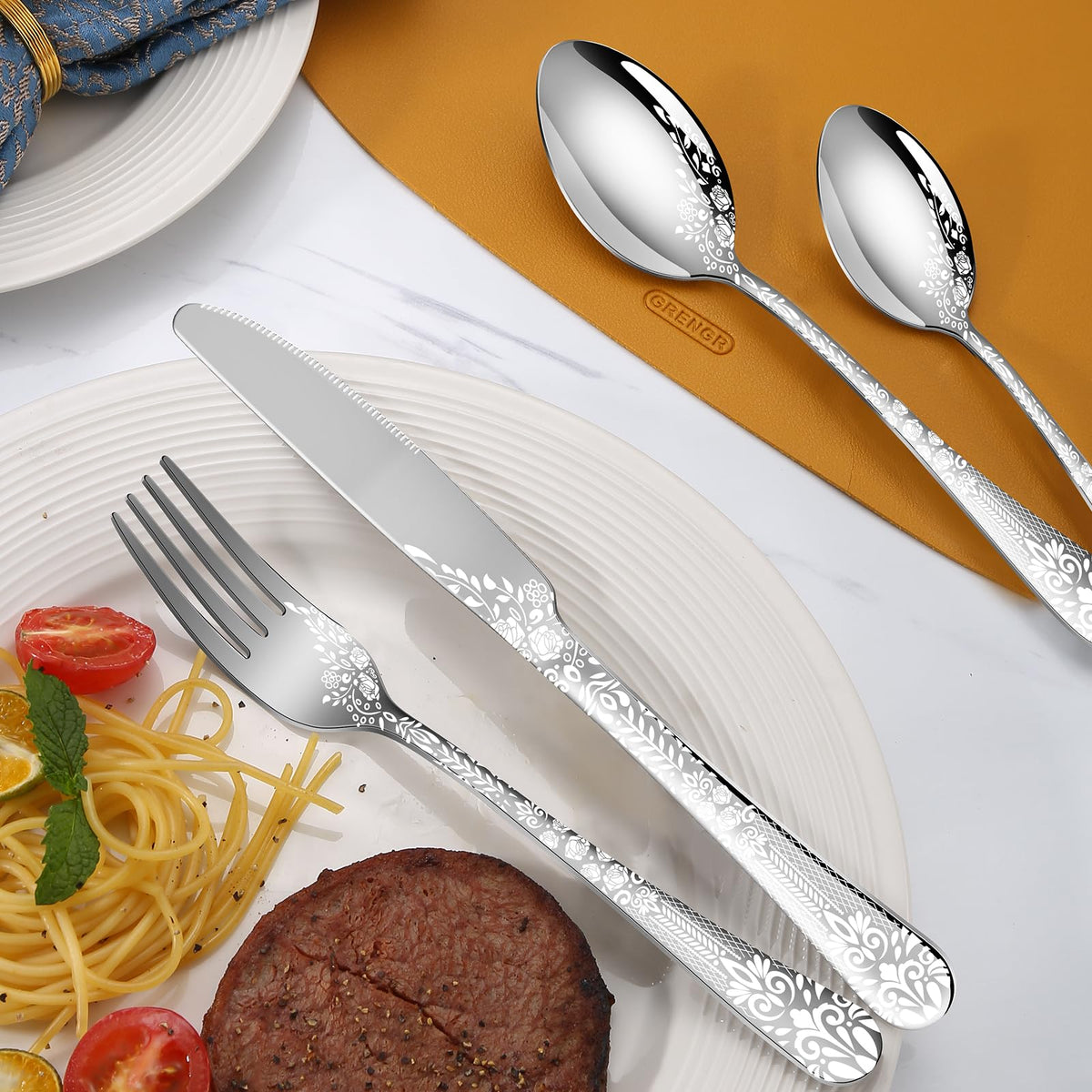 Remoxye 40-piece set with 8 dessert spoons, mirror-polished finish.