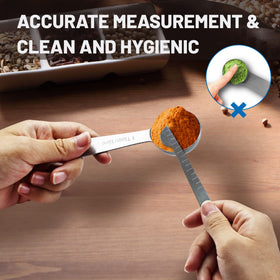 Rena Chris spoons engraved with metric and US measurements for accuracy.