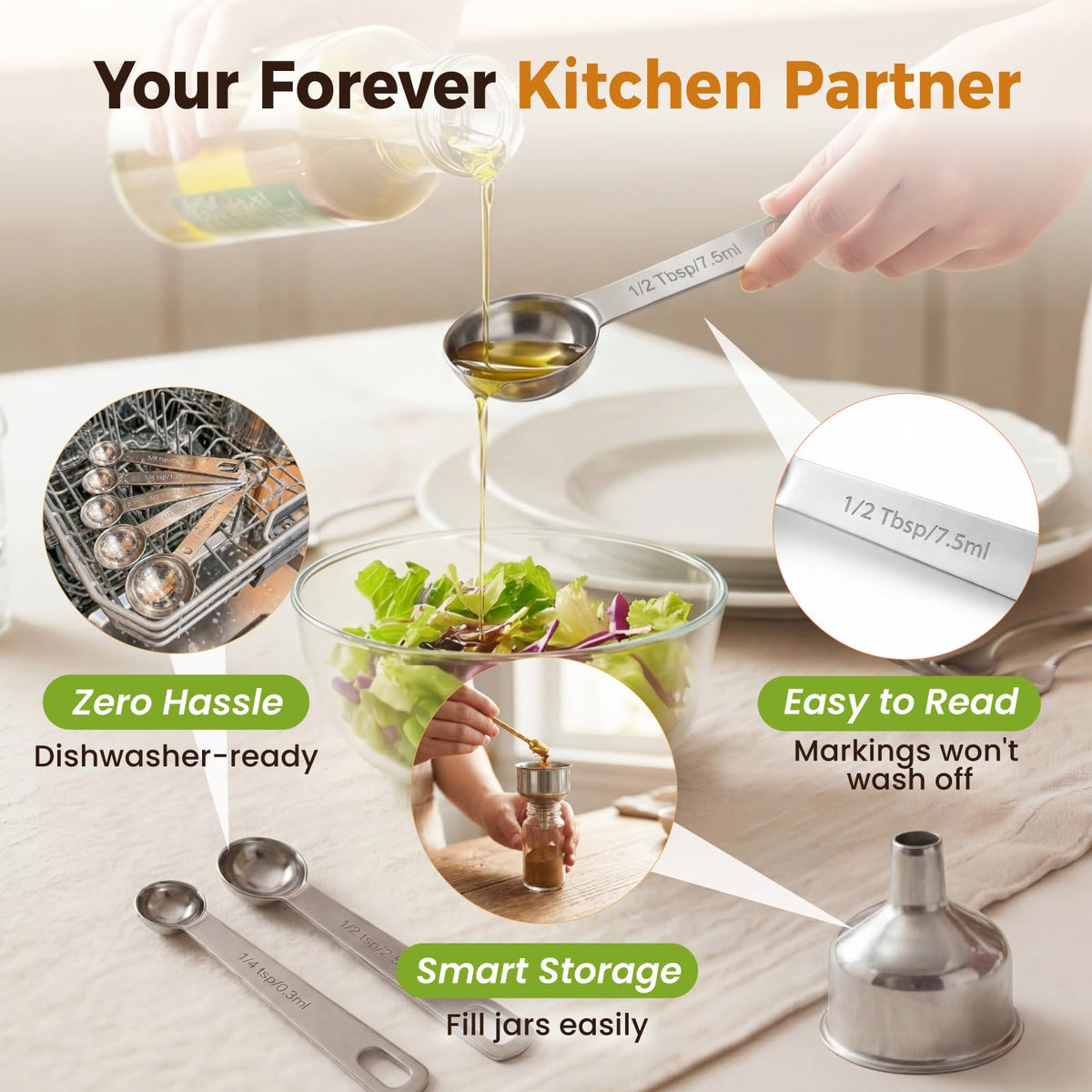 Kitchen funnel included for clean transfer of liquids.