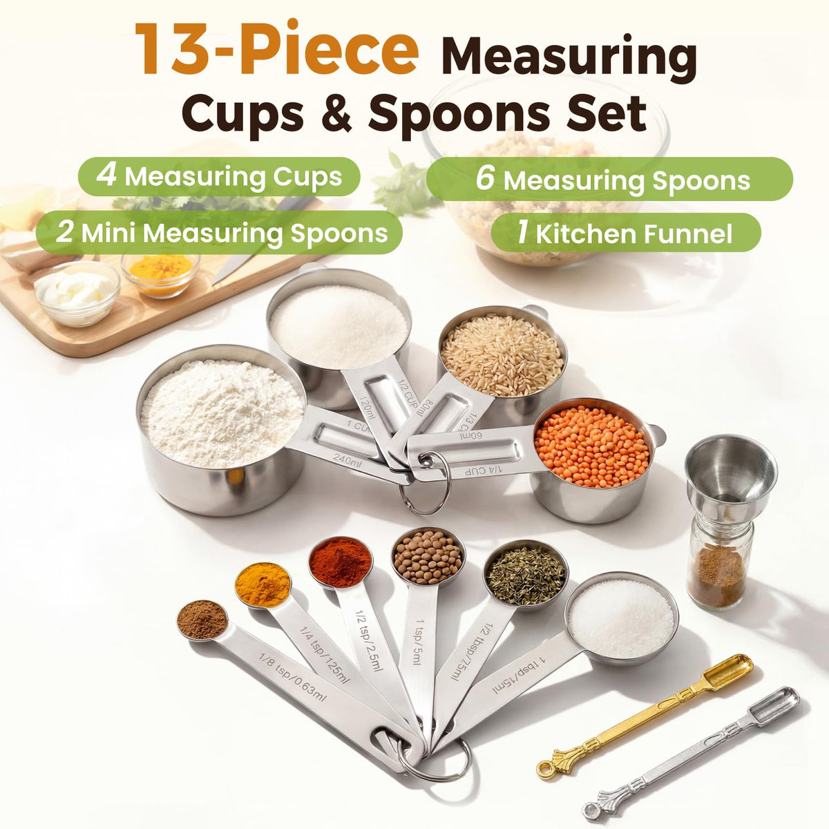 Rena Chris stainless steel measuring spoons for durable daily cooking.
