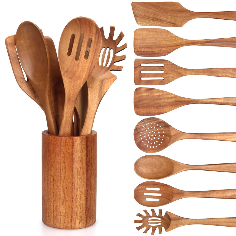 Renawe 9-piece wooden utensil set with holder for durable daily cooking