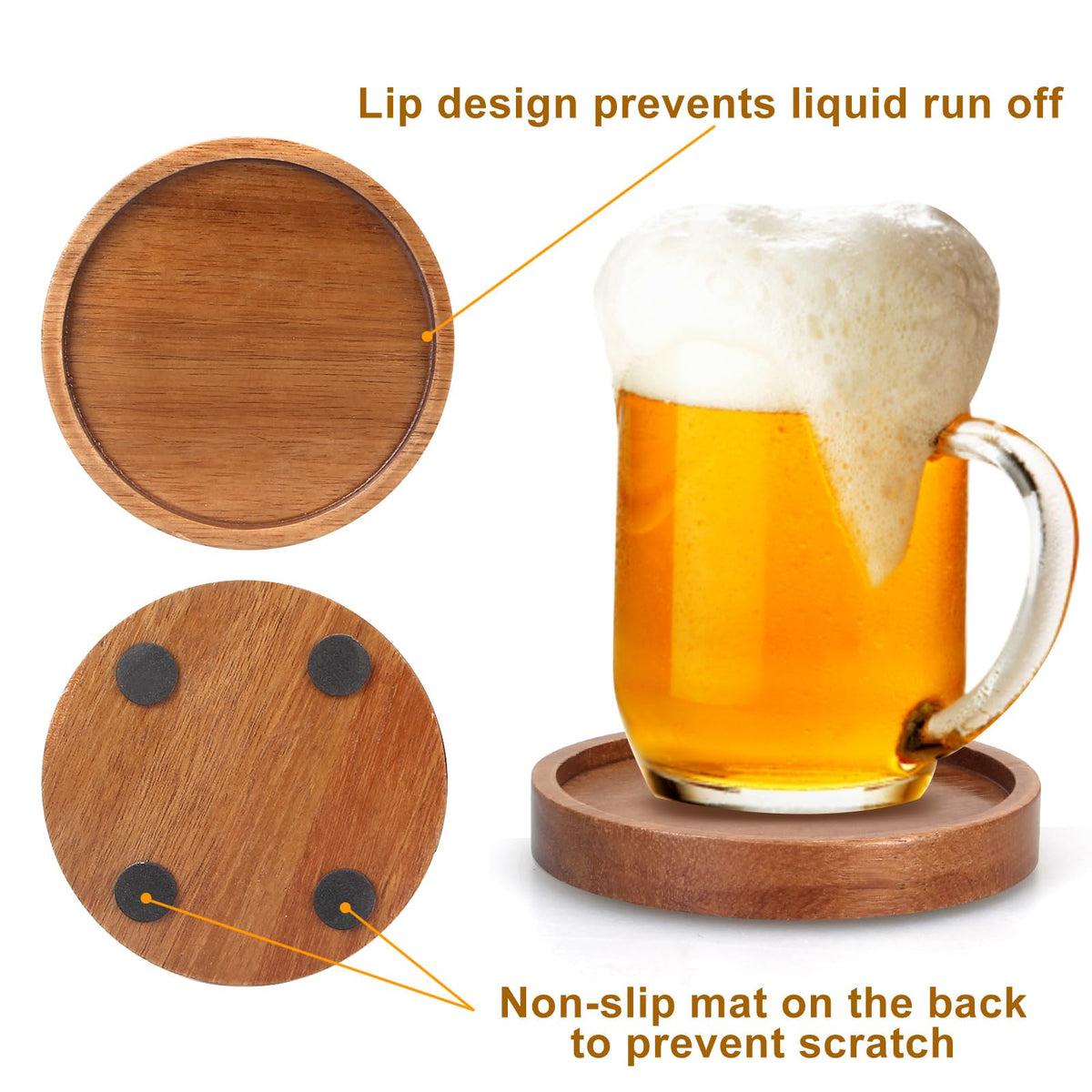 Renawe coasters feature absorbent lip design to catch moisture.