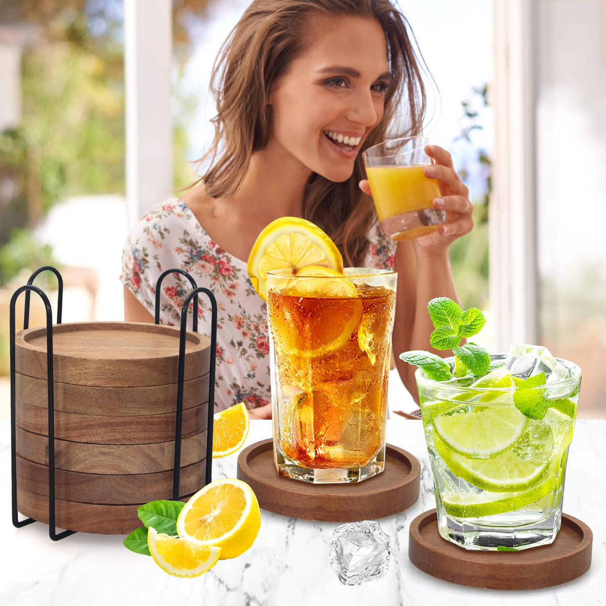 Renawe acacia wood coasters, 4-inch diameter, fit most mugs securely.