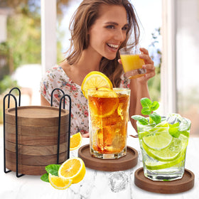 Renawe acacia wood coasters, 4-inch diameter, fit most mugs securely.