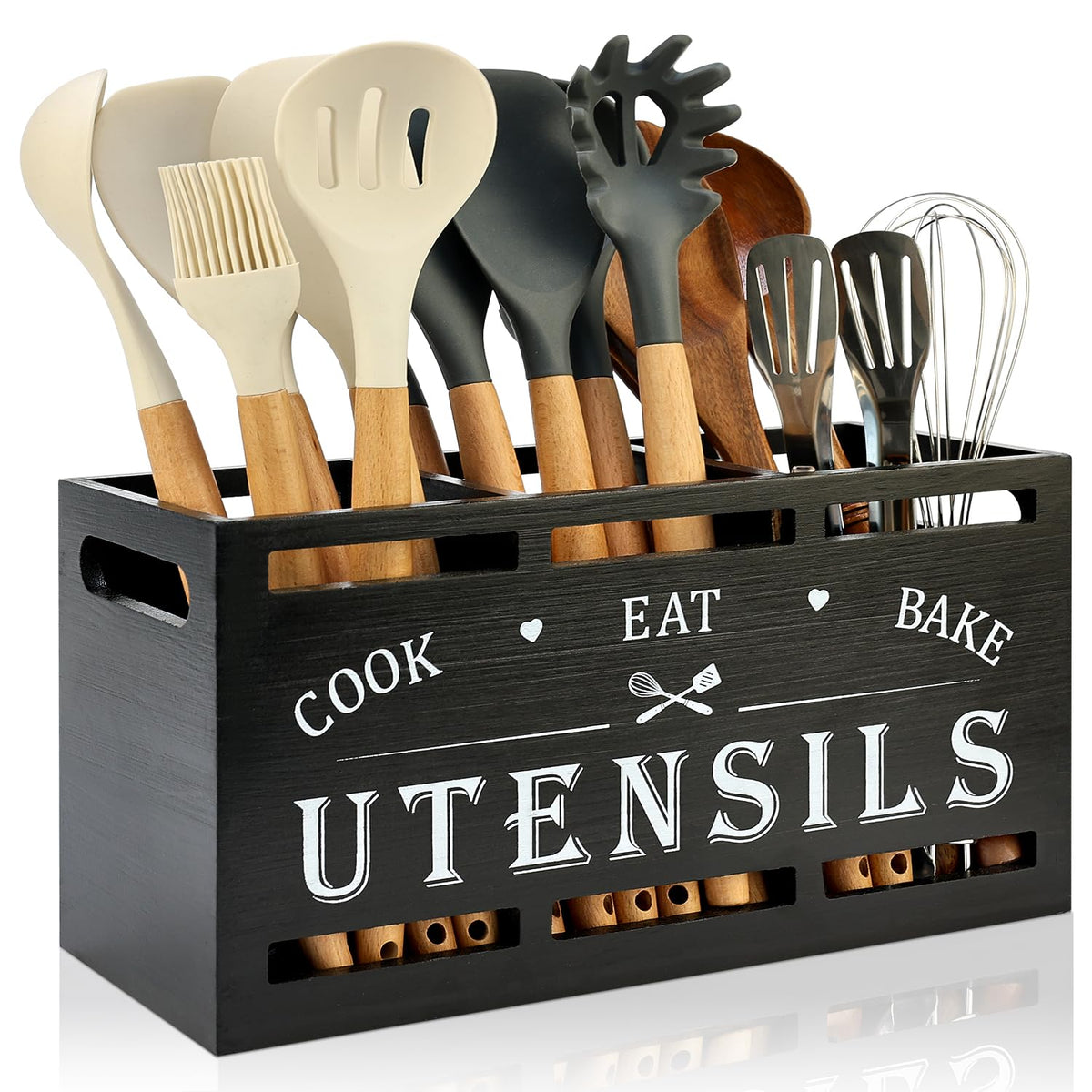 Renawe extra large black wood utensil holder on countertop for organized tools