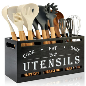Renawe extra large black wood utensil holder on countertop for organized tools