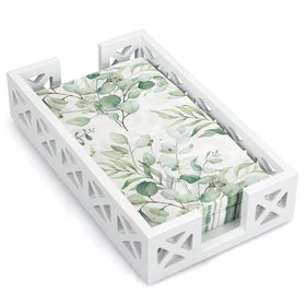 Renawe guest towel holder tray in white wood keeps towels neatly organized on the bathroom counter.