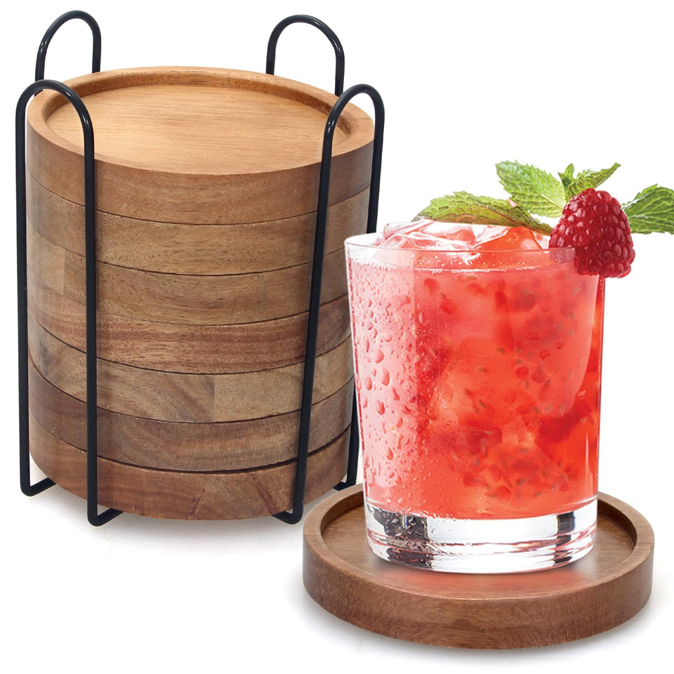 Renawe rustic coasters with holder on a table, organized and dry.