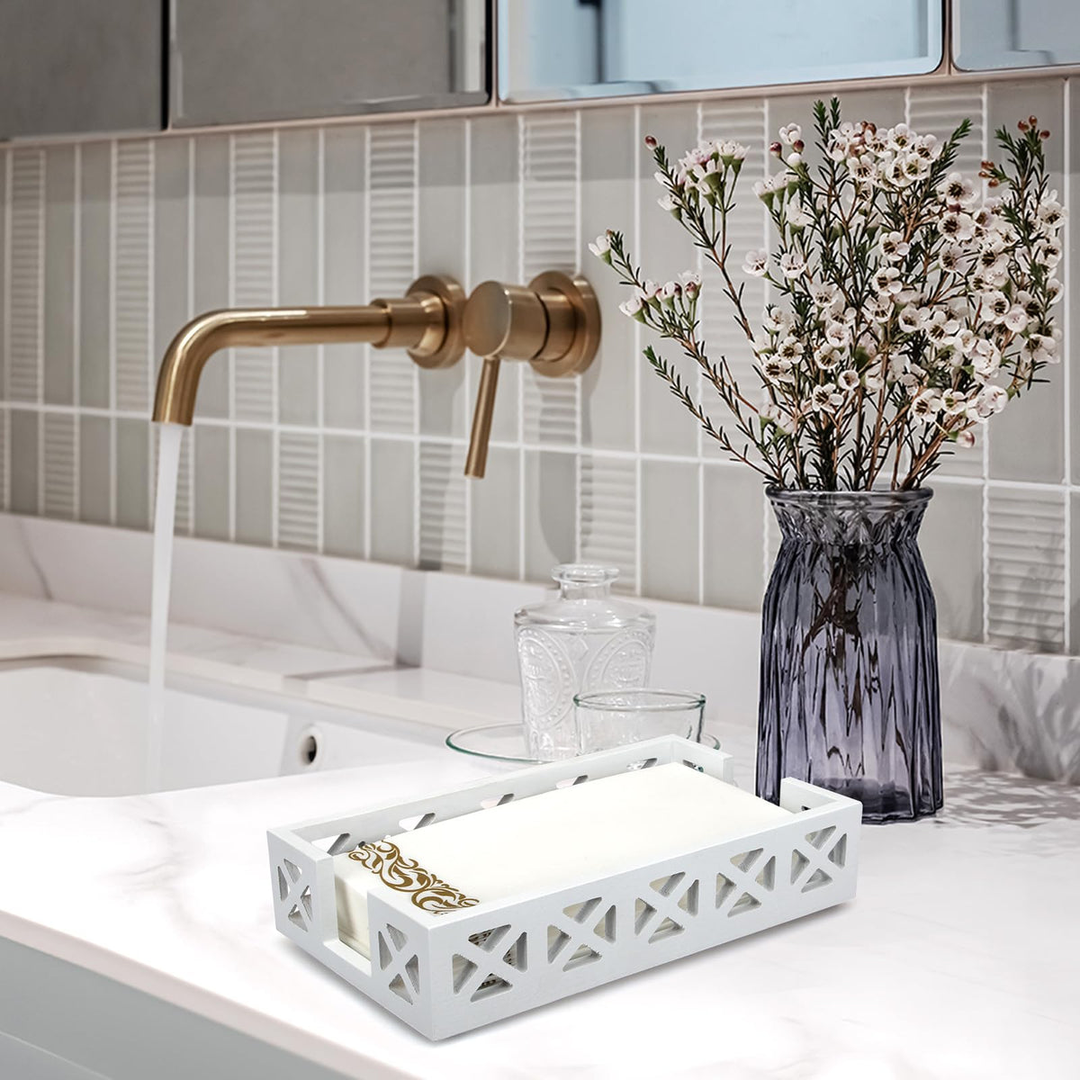 Renawe tabletop napkin organizer stays at hand for meals on the counter.