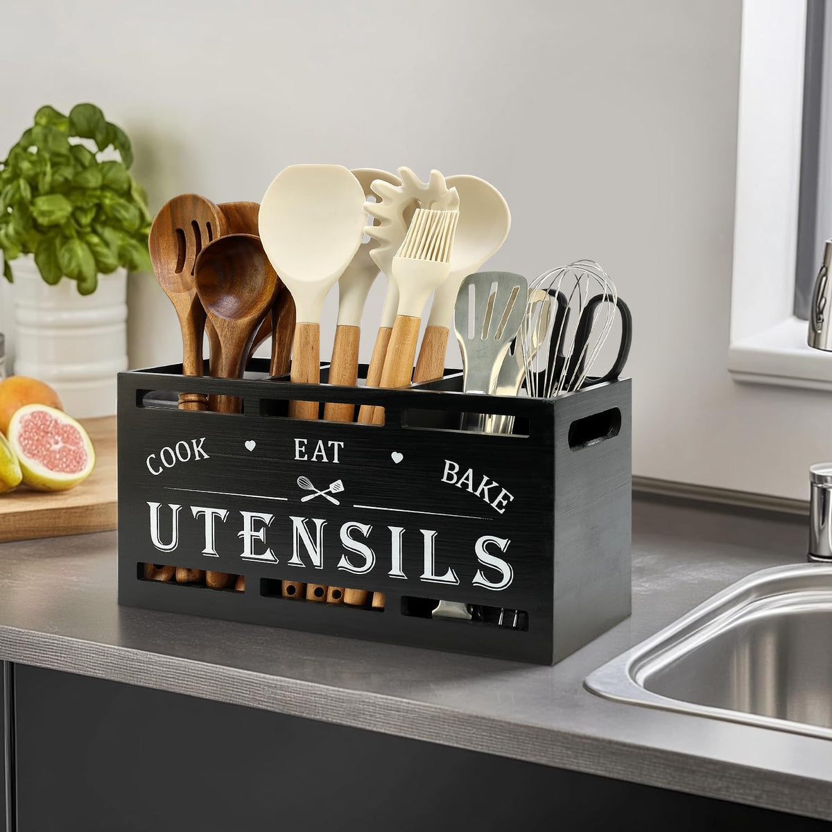 Renawe wall-mount utensil organizer with three hooks keeps tools off the counter