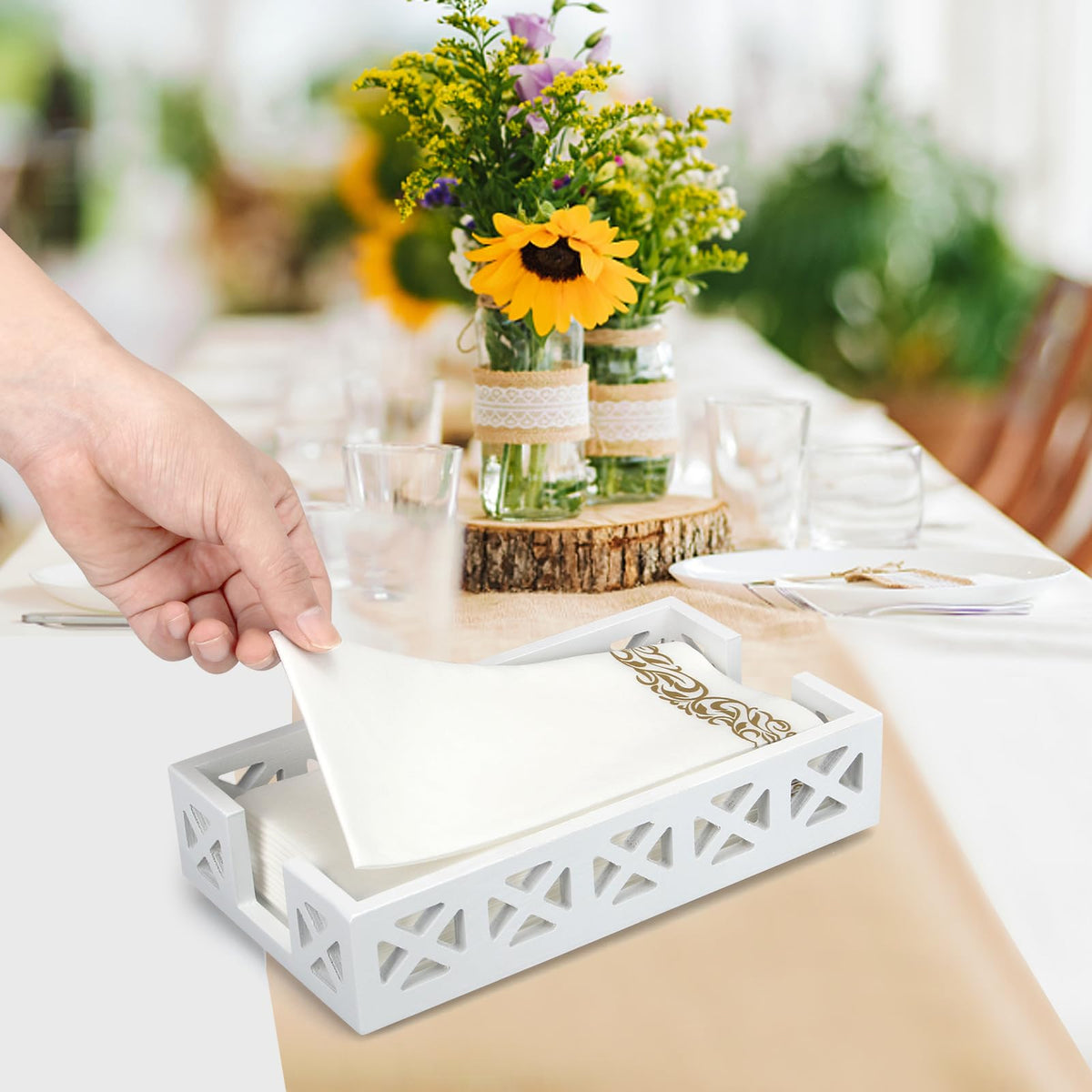 Renawe white wood napkin holder for bathroom keeps napkins within easy reach.