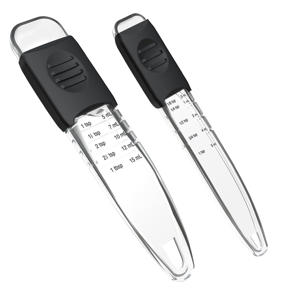 ReneeChef adjustable measuring spoons showing 9-in-1 measurements for precise dry and liquid portions