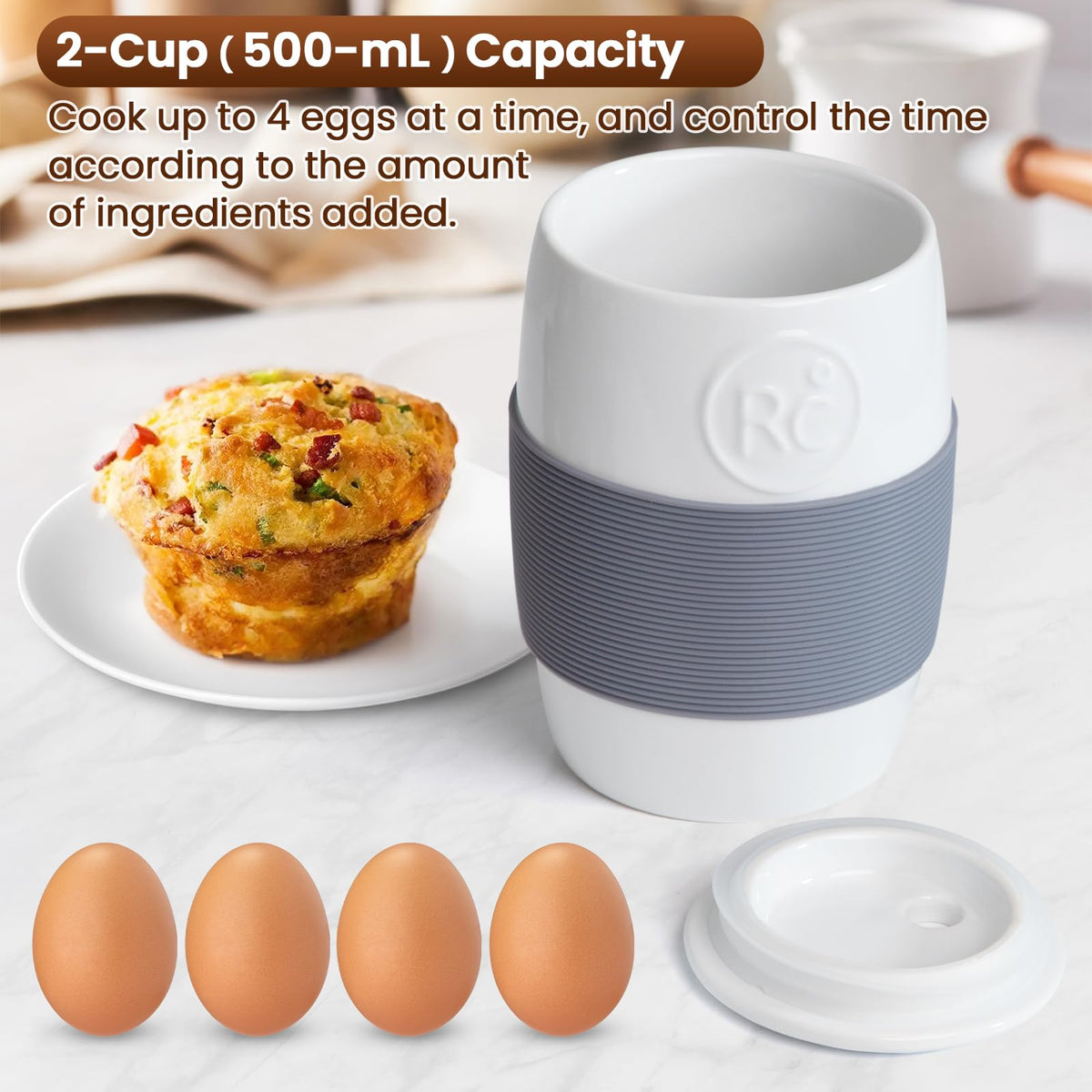 ReneeChef ceramic egg cooker open lid showing easy shake to mix eggs.