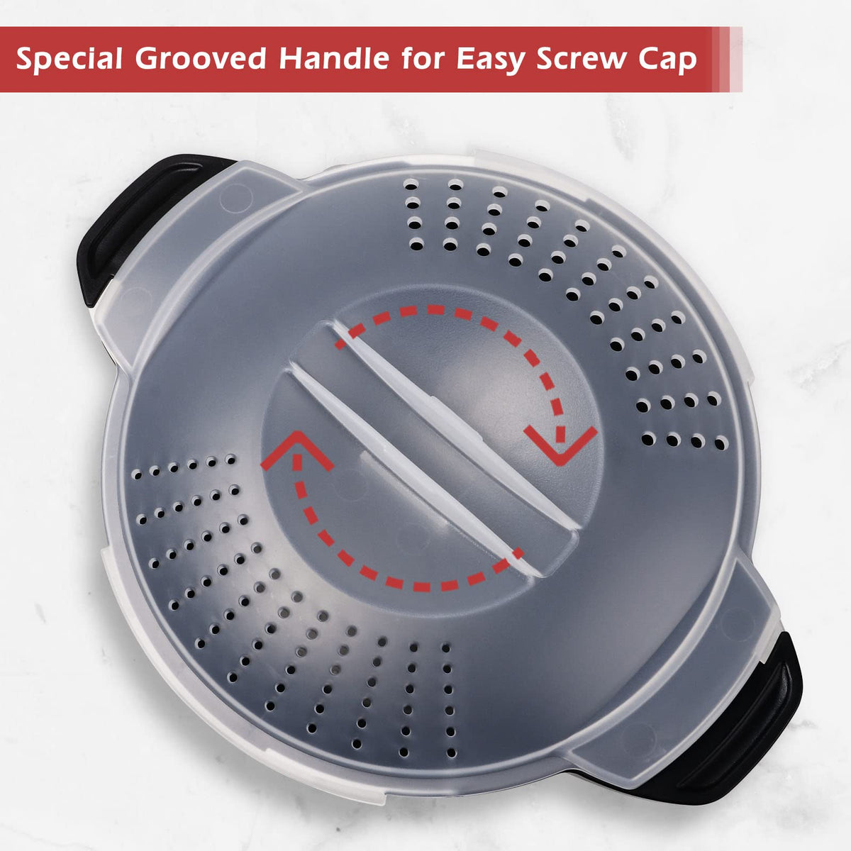 ReneeChef 1qt steamer with ergonomic lock handle for safe pouring and handling.