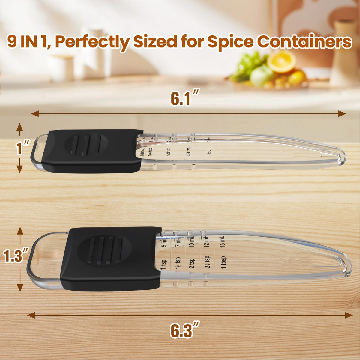 ReneeChef spoons with a slider enabling quick, accurate dry and liquid measurement
