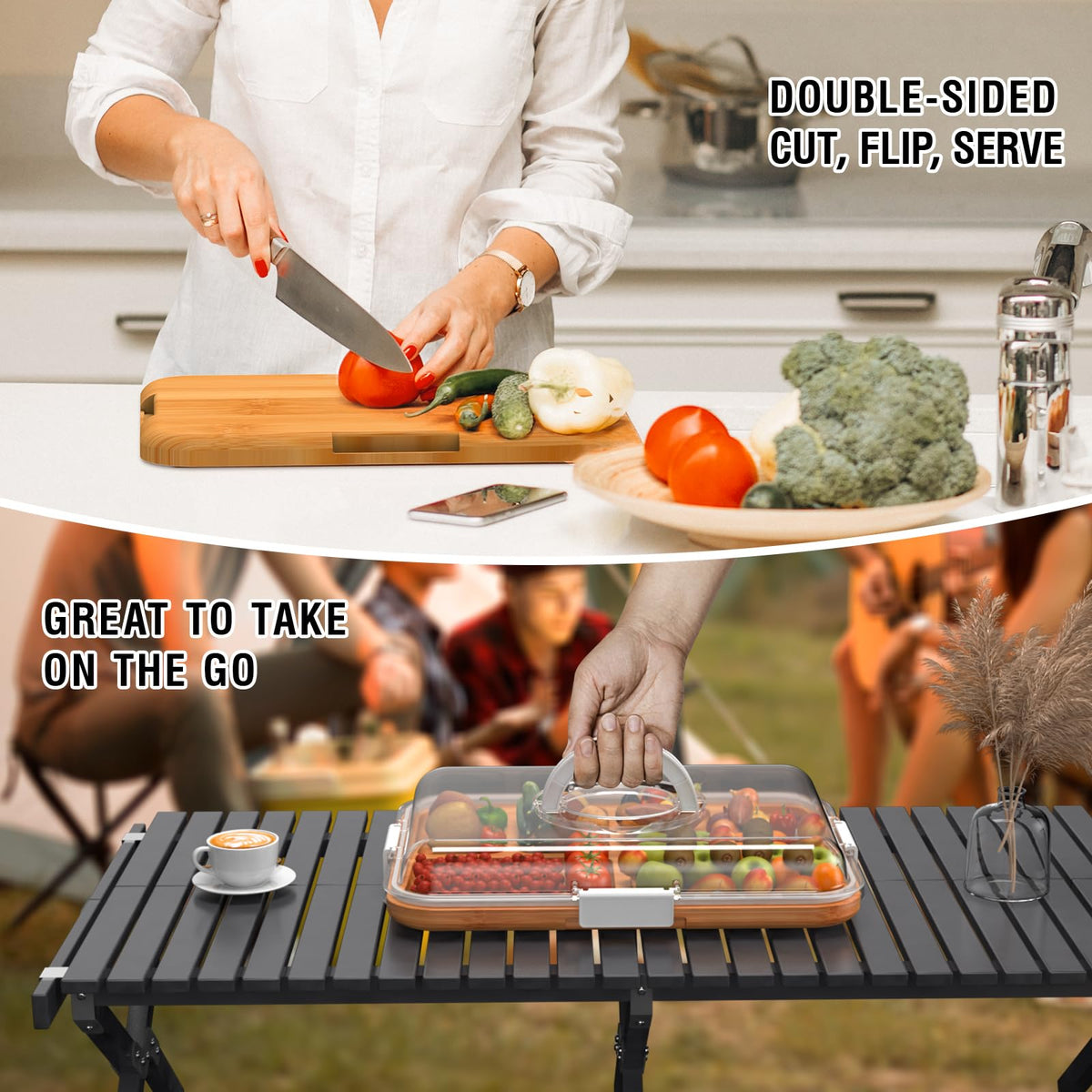 Renmxj charcuterie board natural bamboo surface highlighting grain and portability.