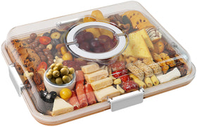 Renmxj charcuterie board with clear lid, top view showing organized snacks and visibility.