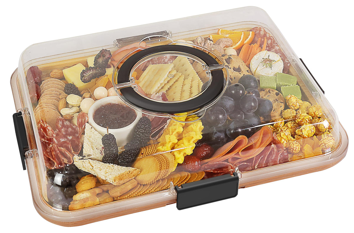 Renmxj charcuterie board with clear lid showcases snacks while keeping them fresh.