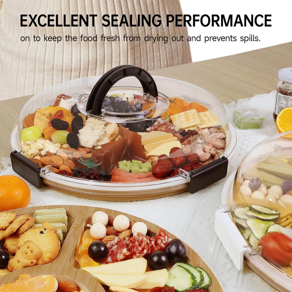 Renmxj lid seal on a charcuterie board preserves flavors for transport.