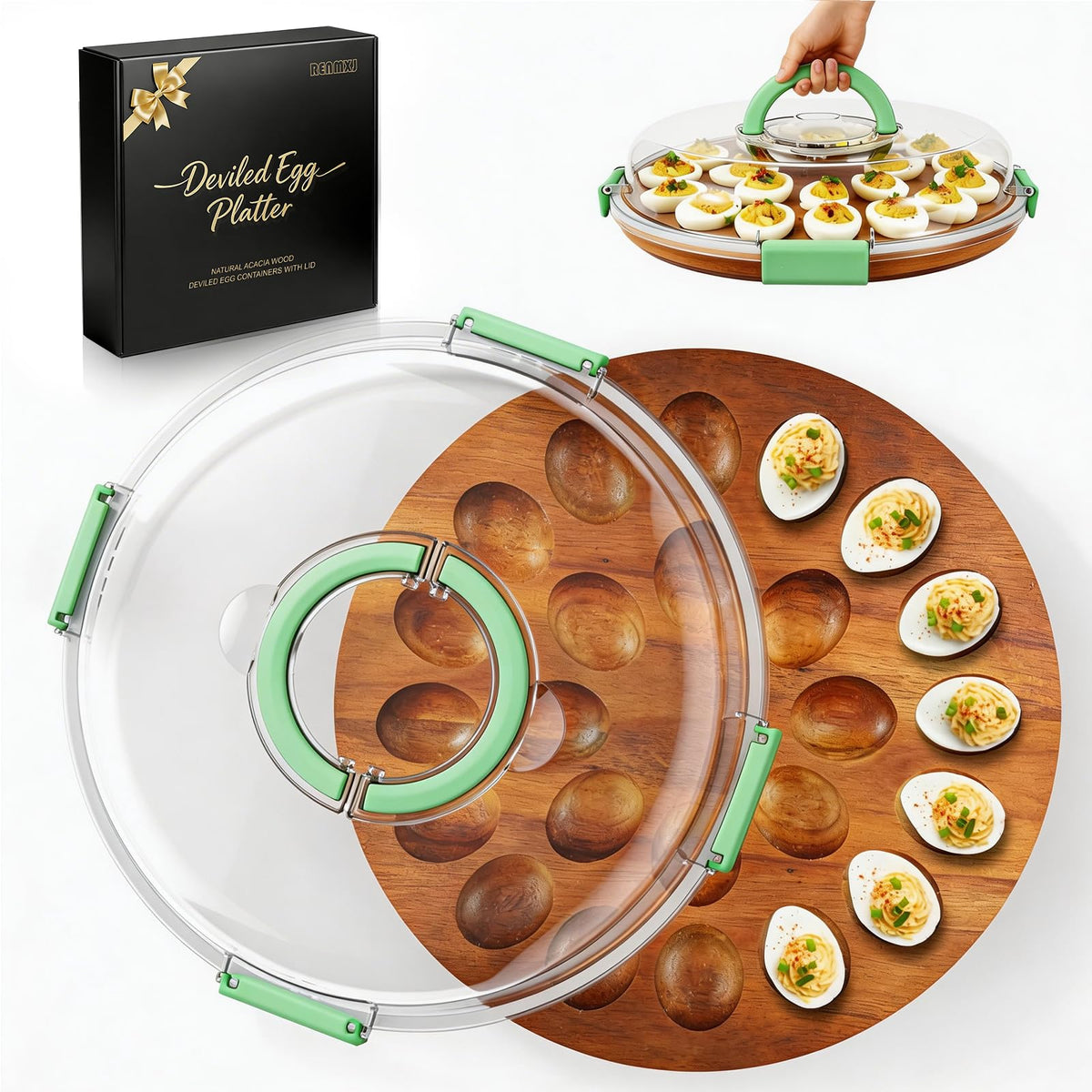Renmxj deviled egg tray showing 24-egg capacity with a closed lid for transport