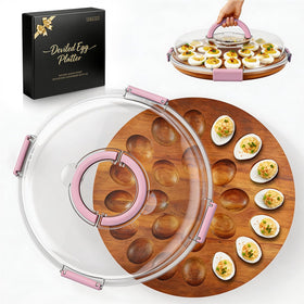 Renmxj deviled egg tray with pink lid showcases 24 eggs for parties