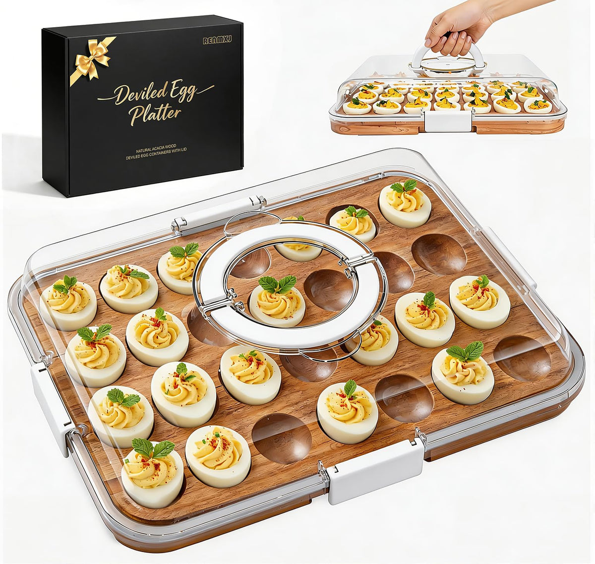 Renmxj deviled egg tray with 28 slots and acacia base for gatherings