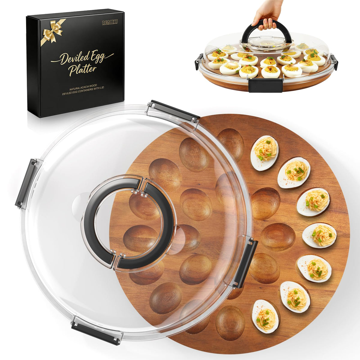Renmxj deviled egg tray with lid shows 24 eggs for easy transport.
