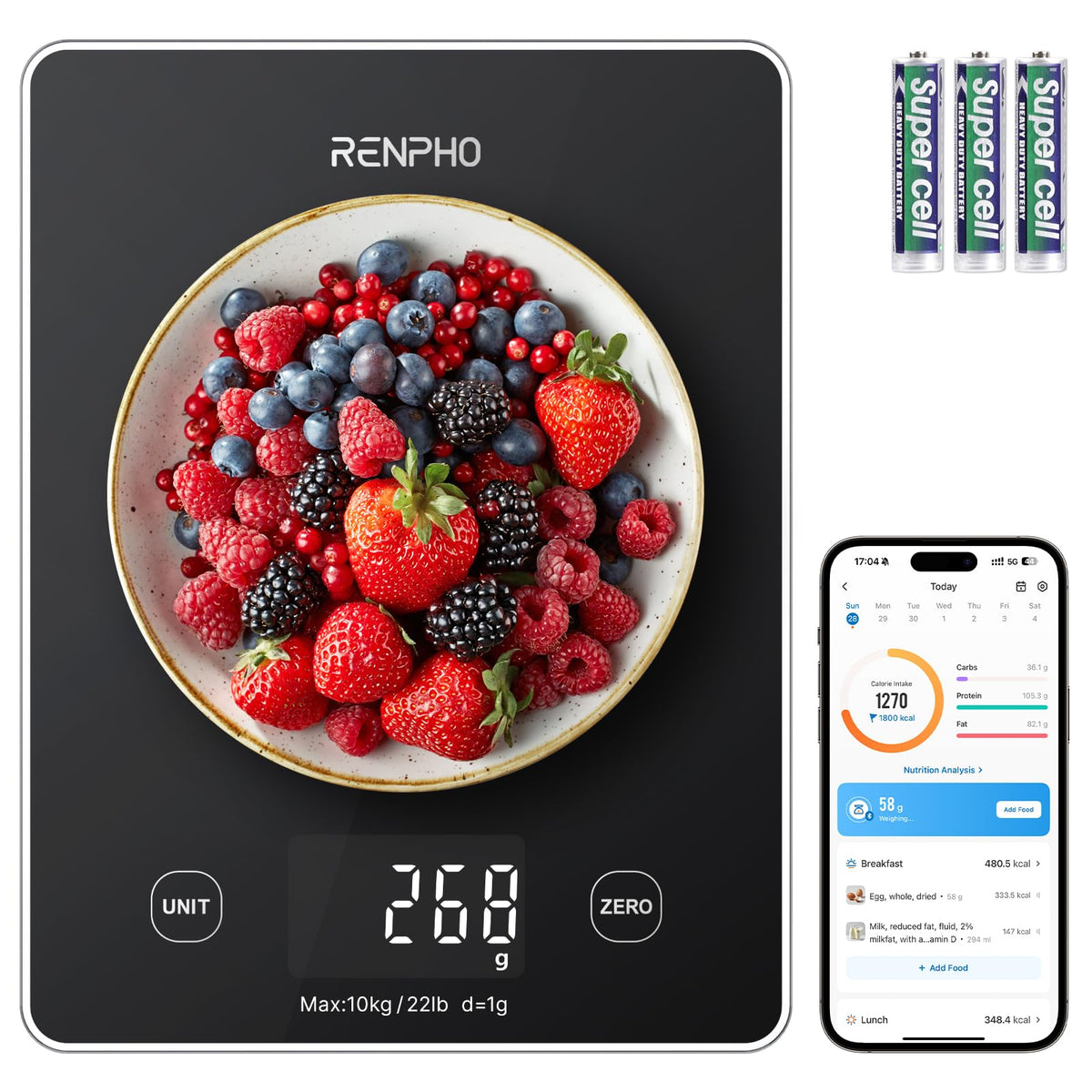 RENPHO digital kitchen scale with black glass top for precise measurements.