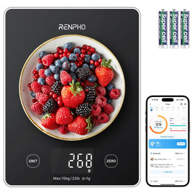 RENPHO digital kitchen scale with black glass top for precise measurements.