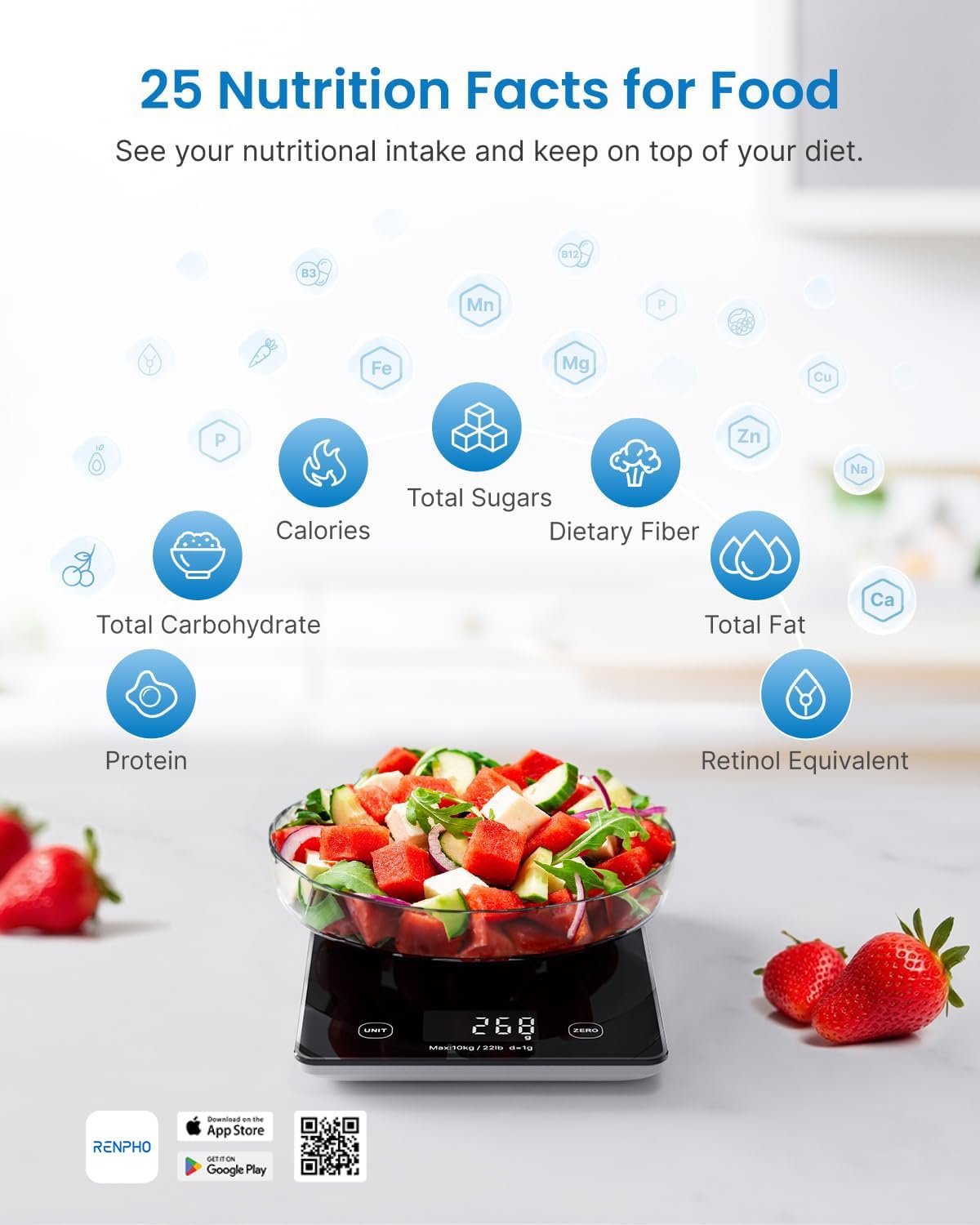 RENPHO scale LCD display enables quick, clear readings anywhere in the kitchen.