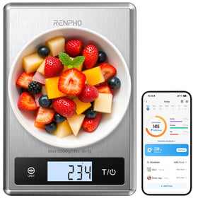 RENPHO digital scale display on a kitchen counter showing precise measurements.