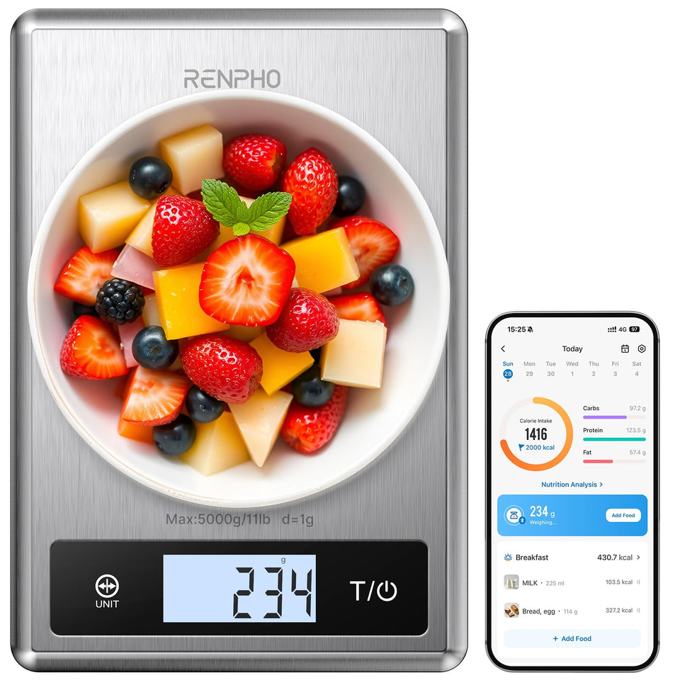 RENPHO digital scale display on a kitchen counter showing precise measurements.