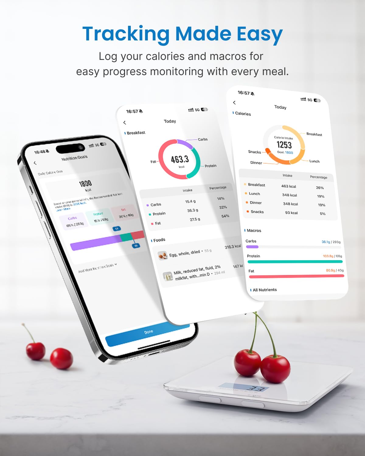 RENPHO app screenshot demonstrates easy nutrient tracking and Apple Health sync.