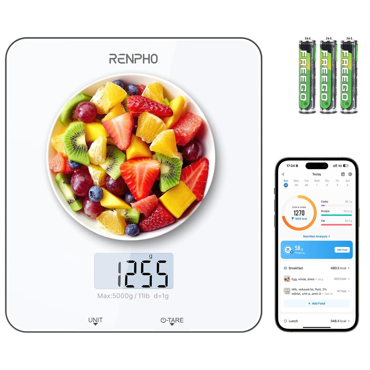 RENPHO food scale on kitchen counter shows precise measurements for meal prep.