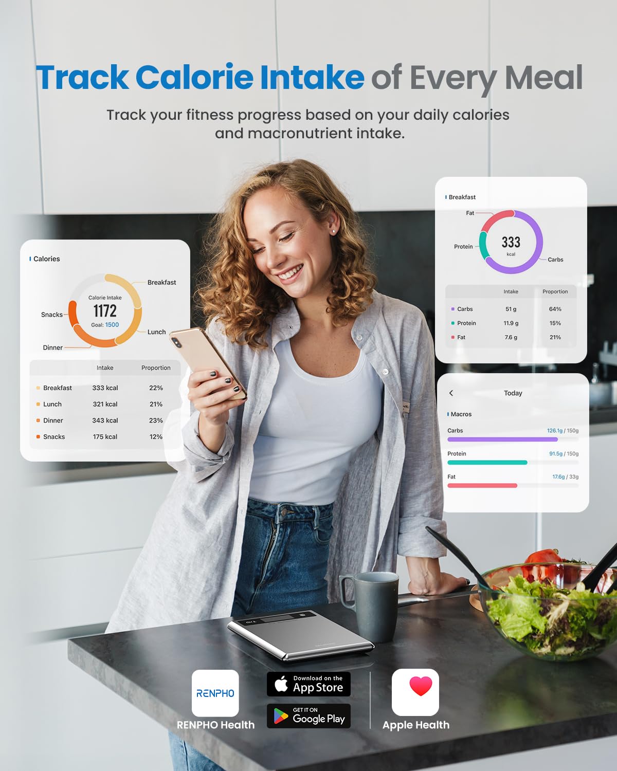 RENPHO tare function helps you measure ingredients without removing the container.