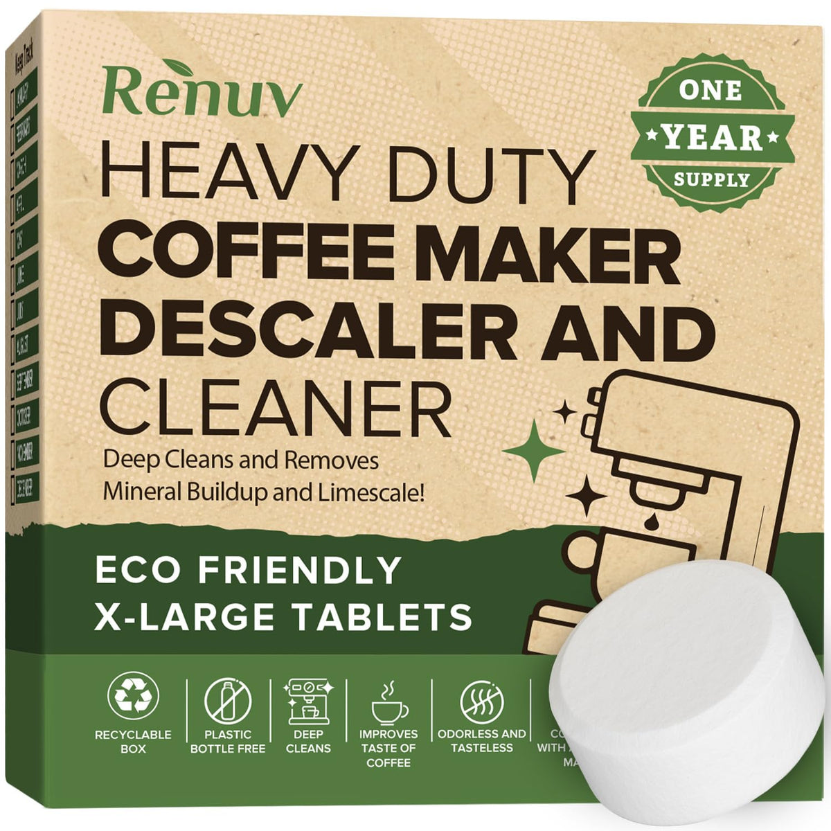 Renuv coffee maker cleaner tablet, 12-use pack for deep descaling and maintenance