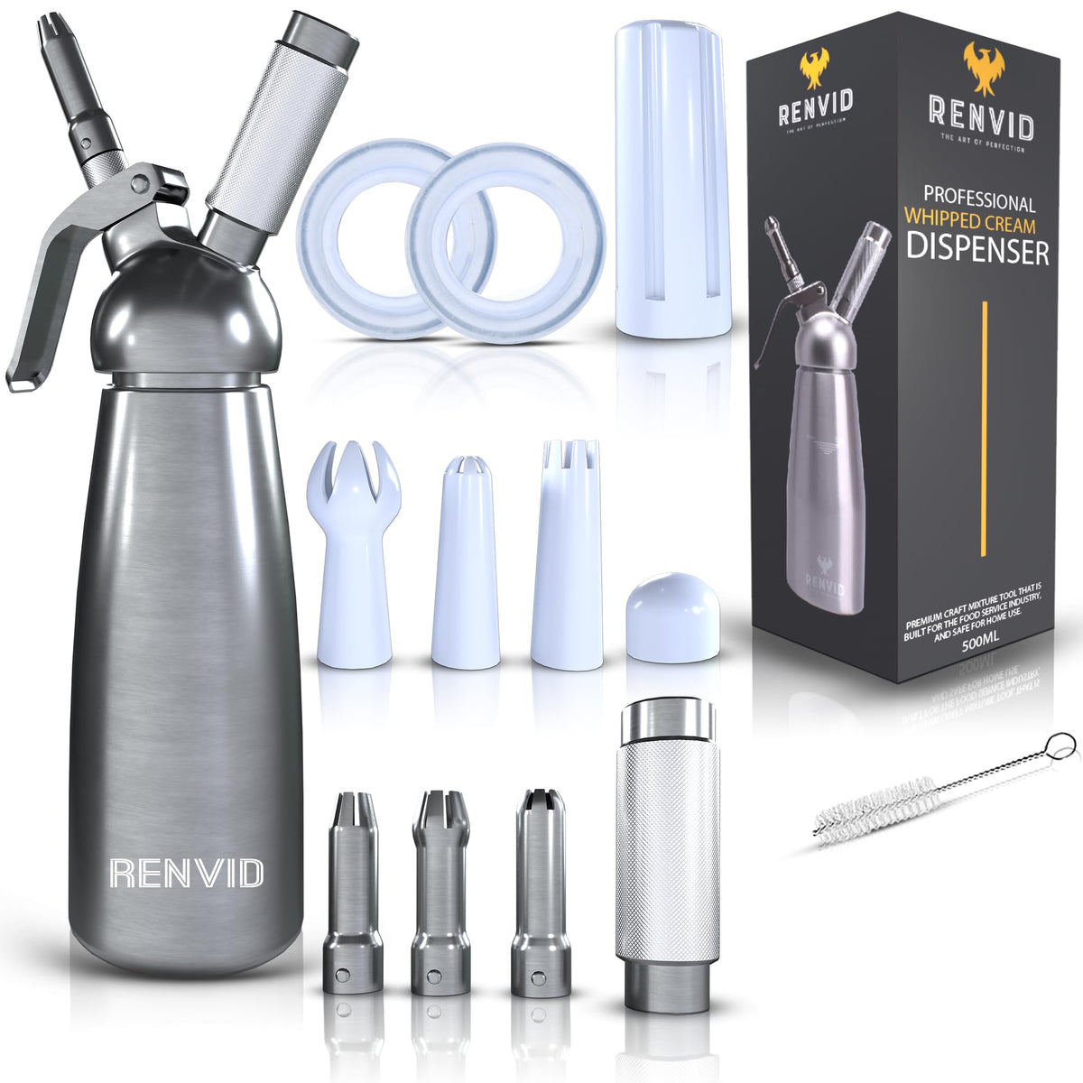 RENVID professional whipped cream dispenser 500ml aluminium canister for long-lasting performance.