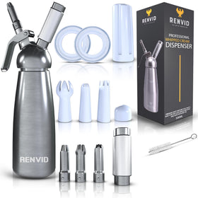 RENVID professional whipped cream dispenser 500ml aluminium canister for long-lasting performance.