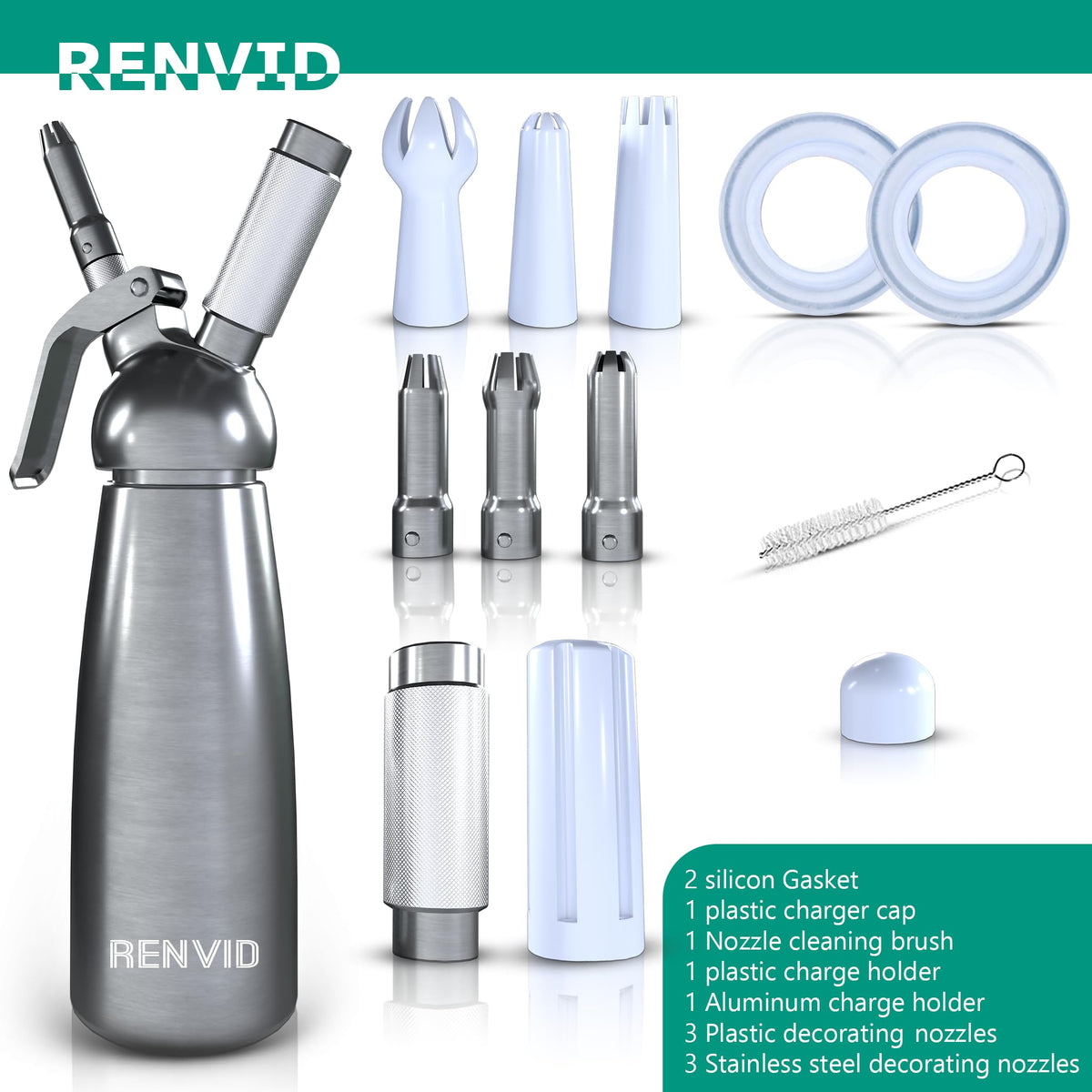 RENVID nozzle set with stainless steel and plastic tips for creative toppings on desserts and drinks.