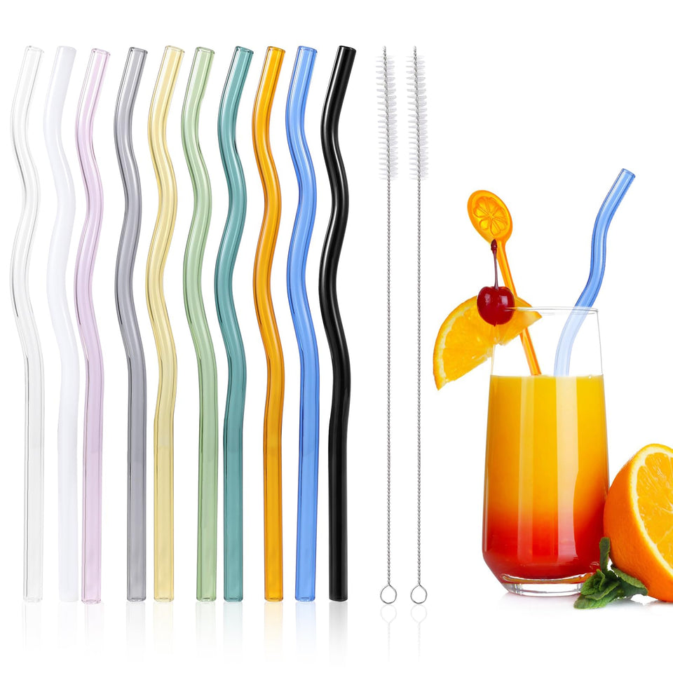 RENYIH colorful wavy glass straw for beverages, reusable and ideal for juice and cocktails.