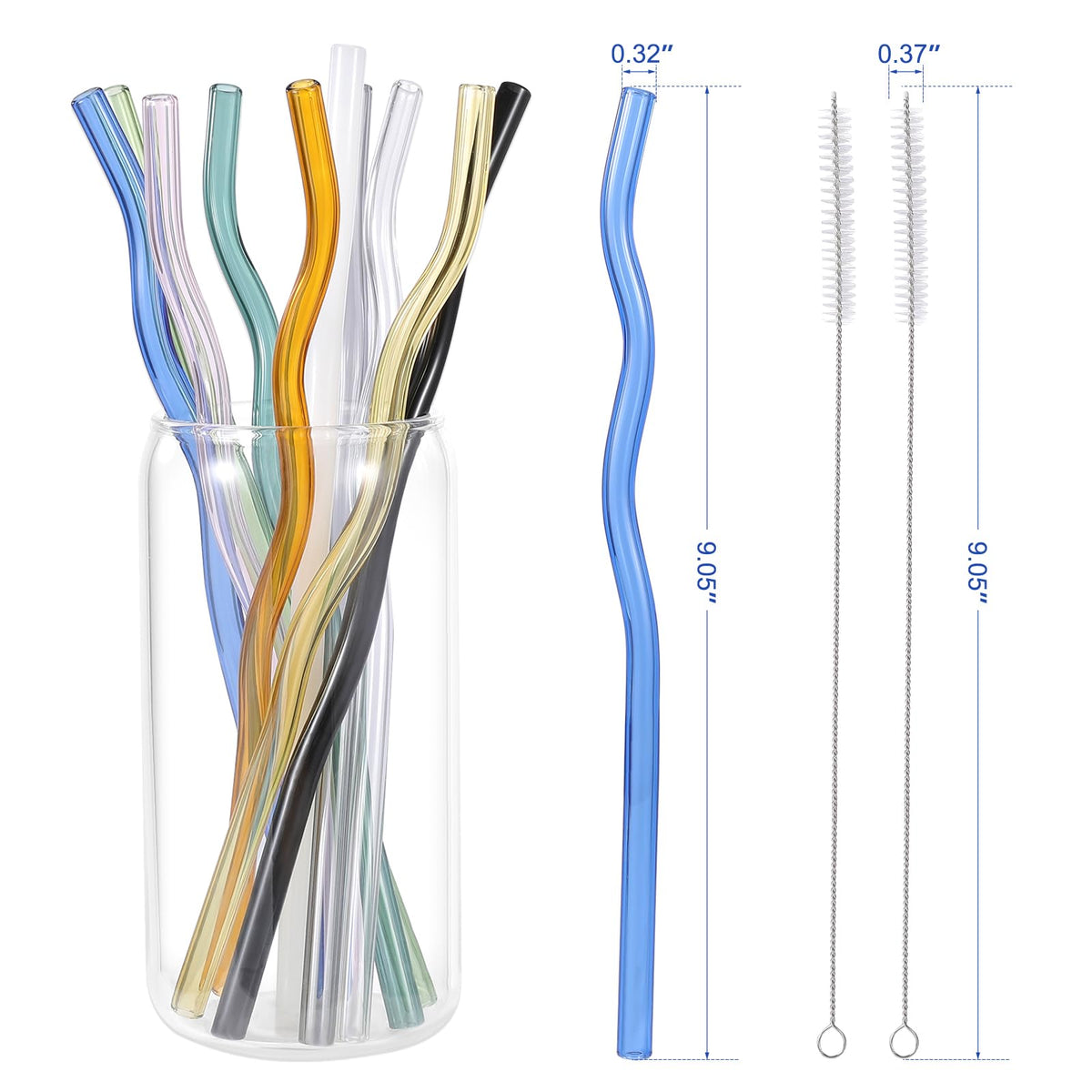 RENYIH colorful wavy glass straw, easy to clean, perfect for coffee and tea.