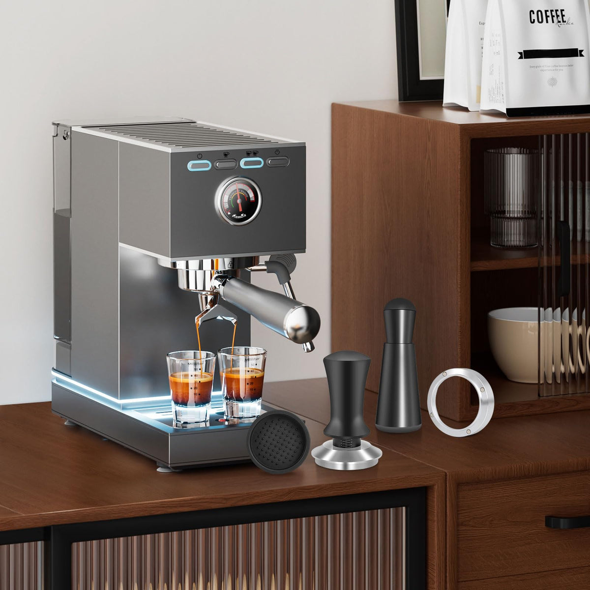 Reoszeank dosing funnel on portafilter for tidy espresso prep