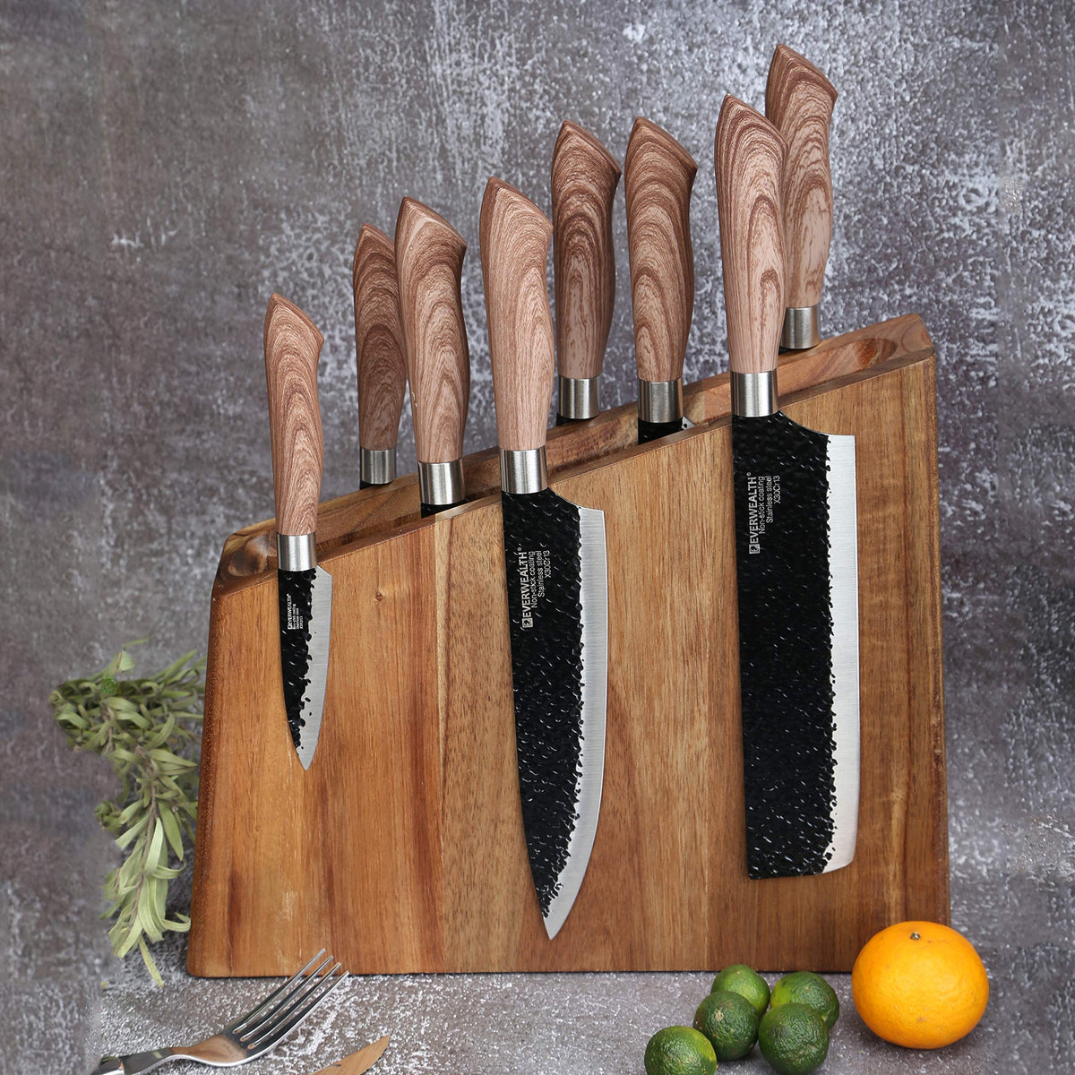 Resafy acacia wood knife block side angle highlighting natural grain and sturdy hold
