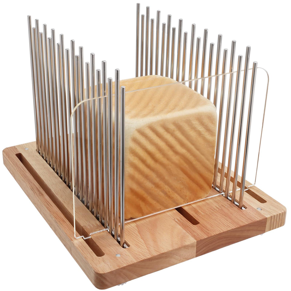 Resbywarm bread slicer assembly showing sturdy wood base and rails for clean cuts