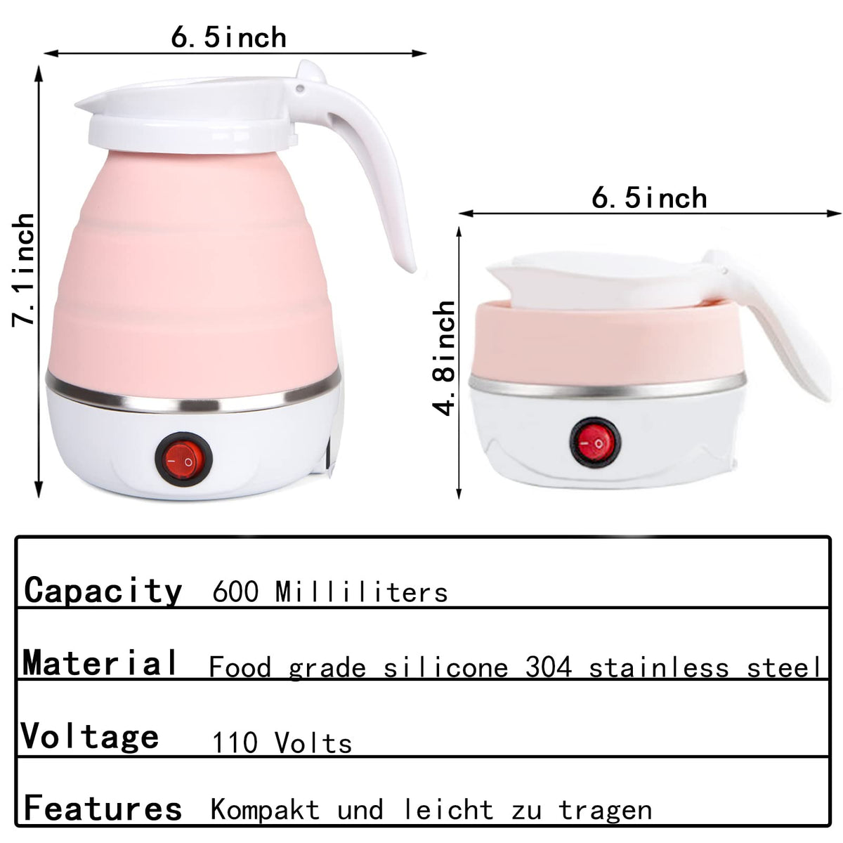 Resgitiati travel kettle silicone-body provides safe, flexible use in compact spaces