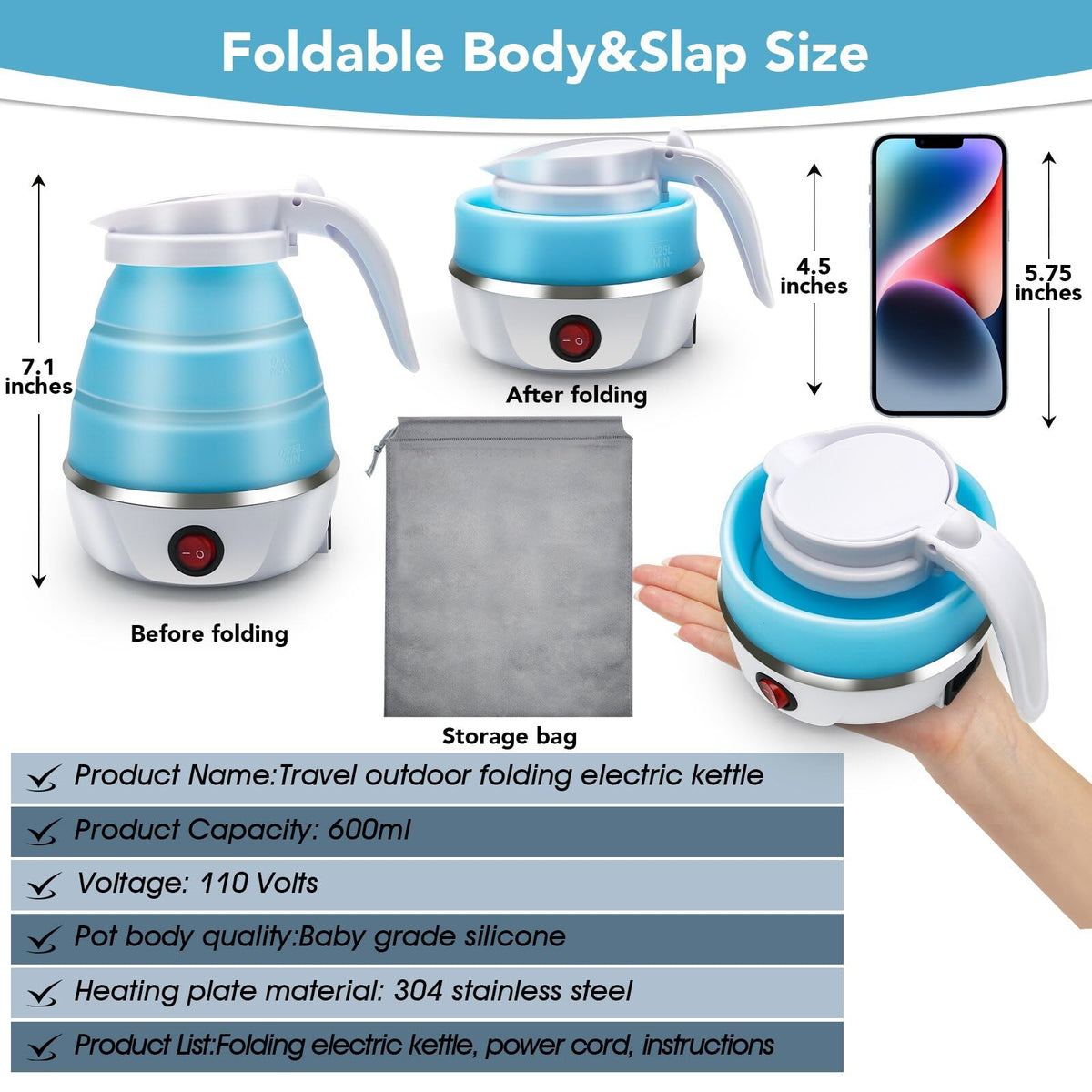 Resgitiati travel kettle with silicone and stainless steel construction for safe use