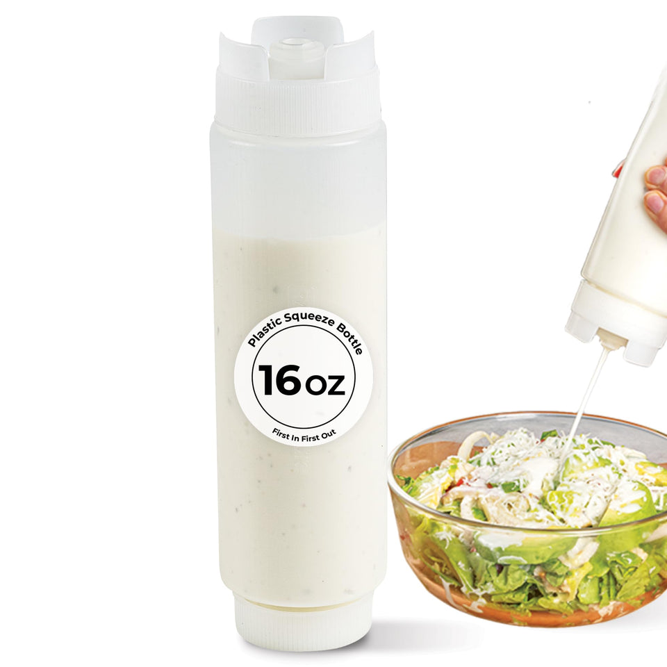 Restaurantware 16oz FIFO squeeze bottle with label cap for easy labeling and refilling