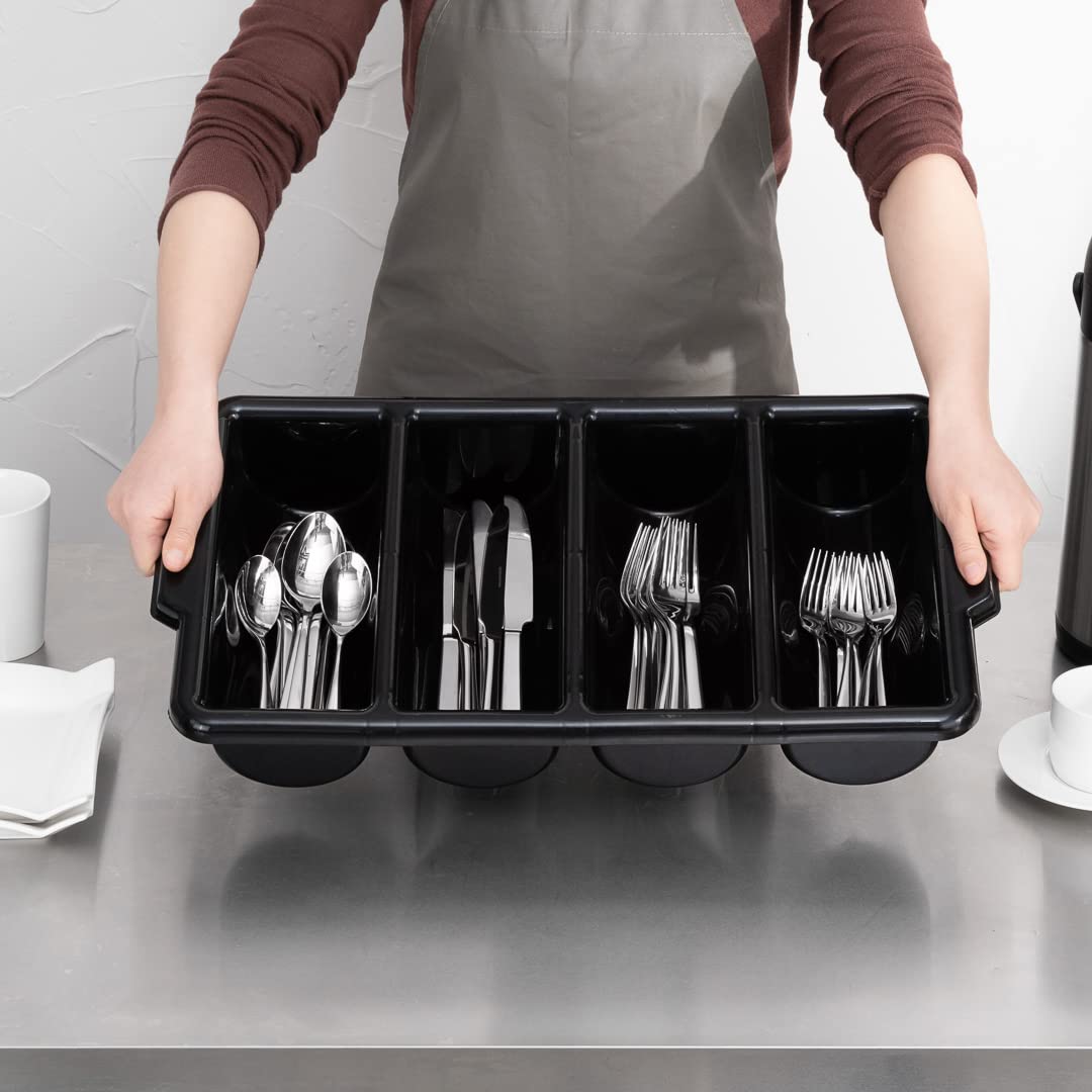 Restaurantware black plastic flatware holder keeps forks, knives, and spoons neatly stored.